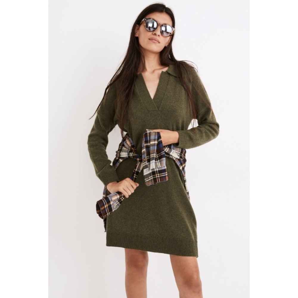 Madewell Polo Sweater Dress Women M Green Merino Wool Blend V-Neck Long Sleeve